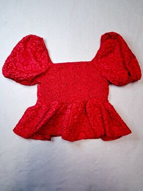 Red Puff-Sleeve Smocked Peplum Top - Women
